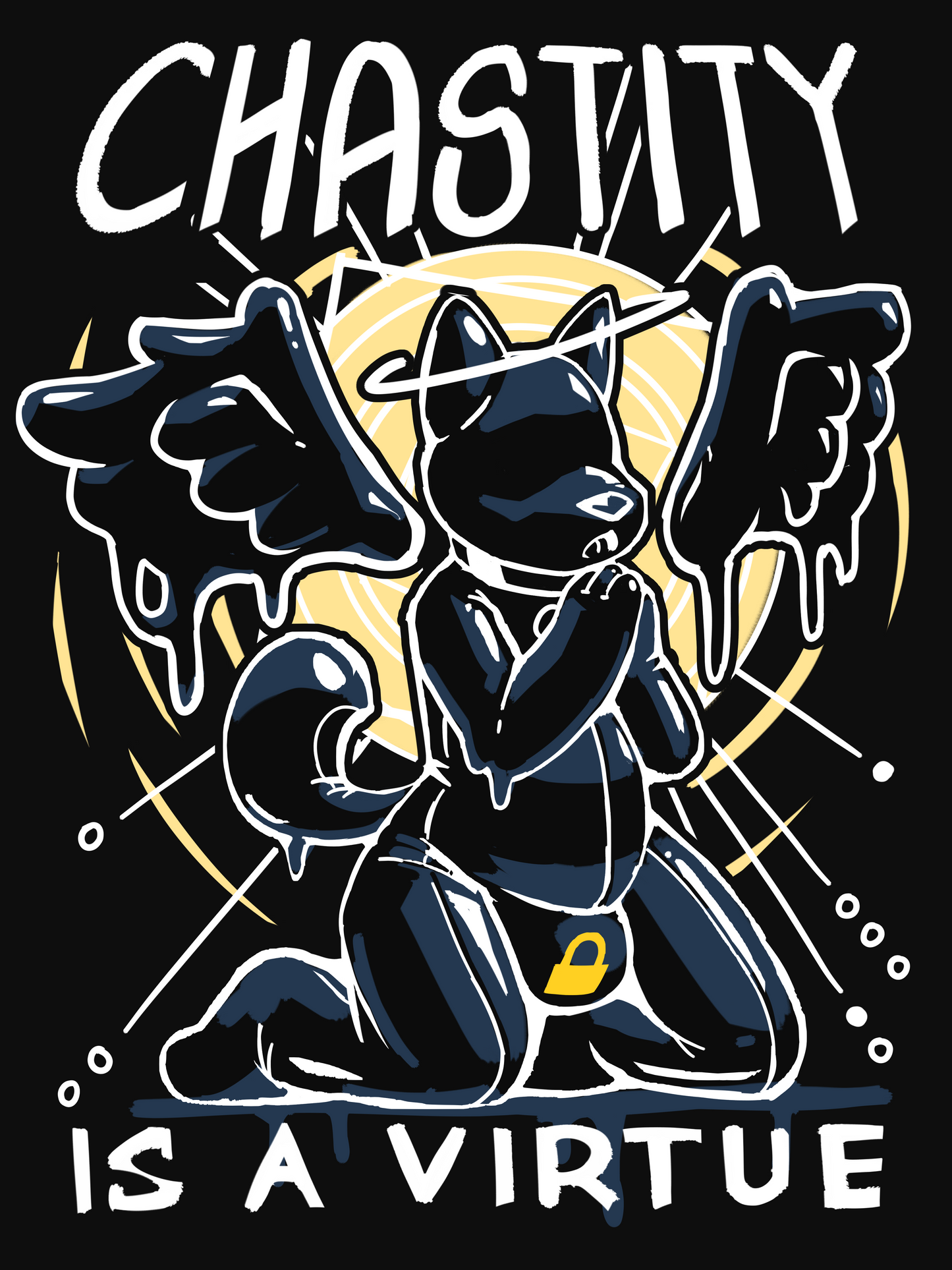 Illustration of a rubber creature with wings and halo iconography. Text reading; "Chastity is a Virtue," in the background.