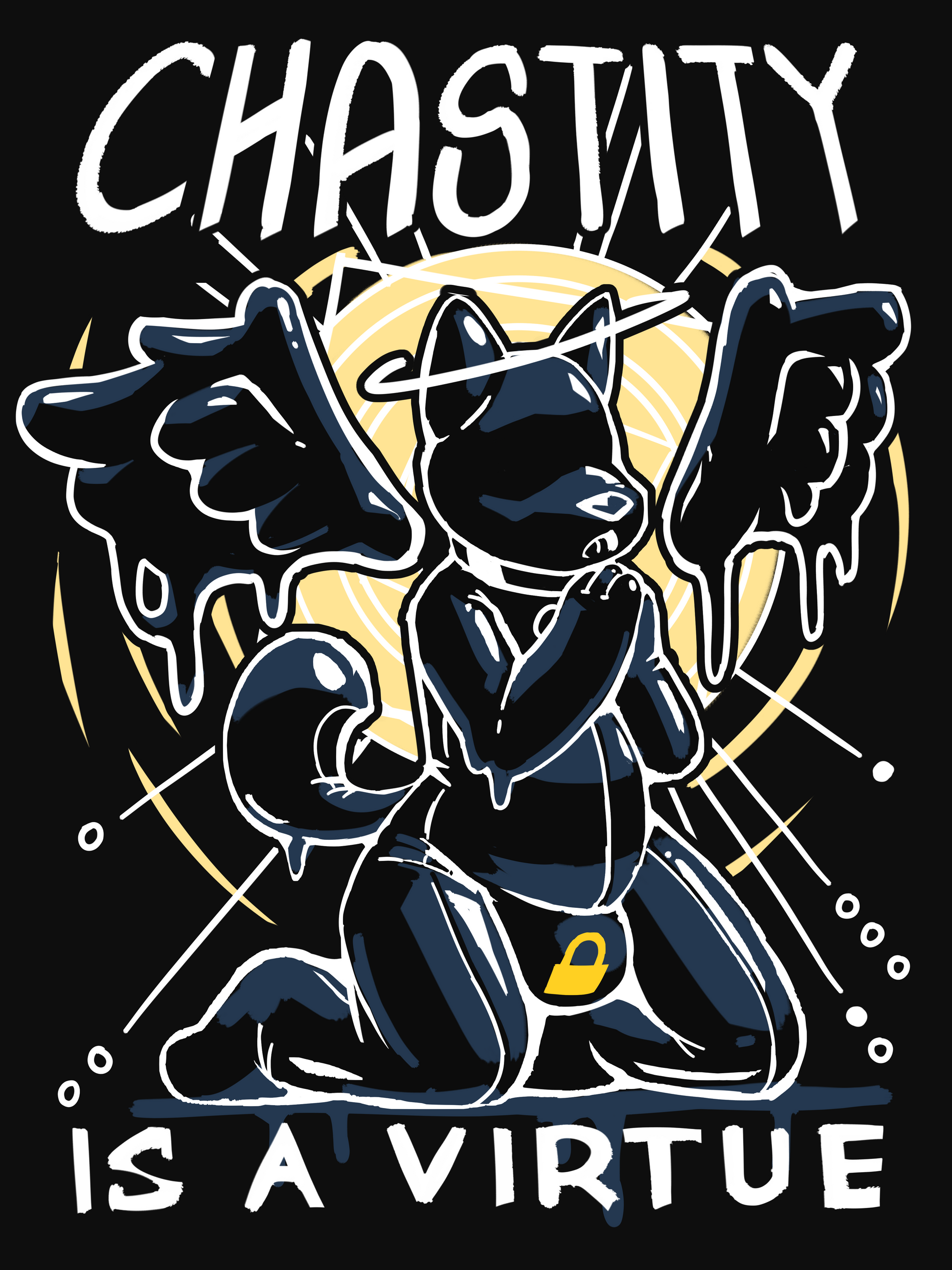 Illustration of a rubber creature with wings and halo iconography. Text reading; "Chastity is a Virtue," in the background.