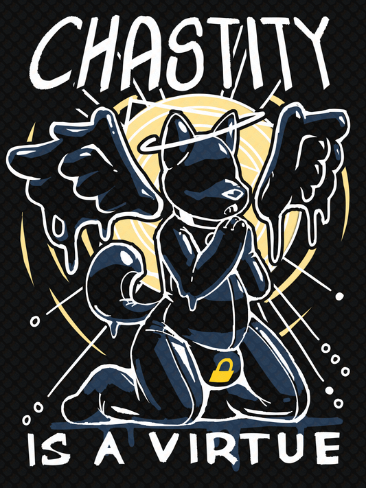 Illustration of a rubber creature with wings and halo iconography. Text reading; "Chastity is a Virtue," in the background.