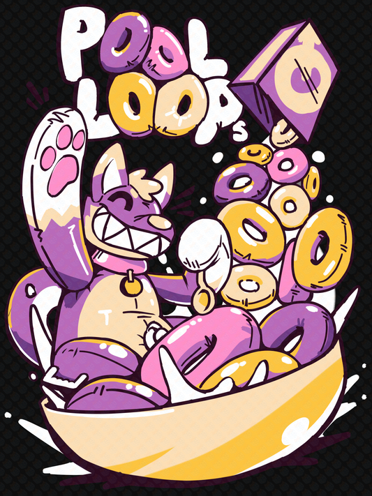 Pooltoy Dog inside of a cereal bowl with, "Pool Loops," in the background.